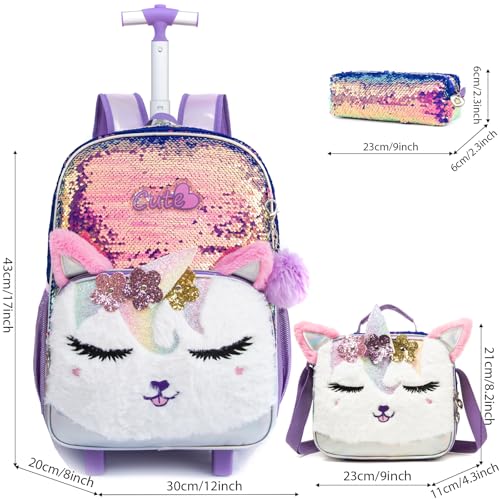 Kids Rolling Backpack for Girls, Champagne Sequins, 3PCS Set | Squinty Eyes, Trolley Suitcases Luggage Travel with Wheels,Bookbag Wheeled Toddler Back Pack Backpacks School Bags Elementary - color: Champagne-0121-miyan