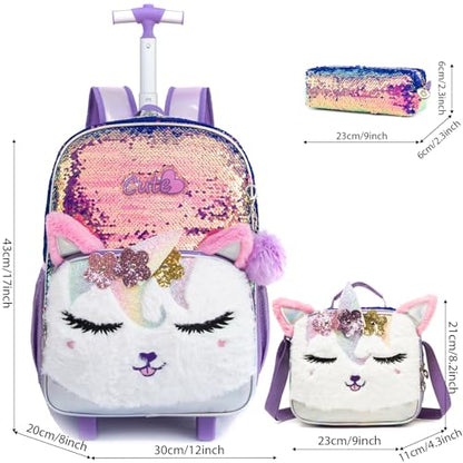 Kids Rolling Backpack for Girls, Champagne Sequins, 3PCS Set | Squinty Eyes, Trolley Suitcases Luggage Travel with Wheels,Bookbag Wheeled Toddler Back Pack Backpacks School Bags Elementary - color: Champagne-0121-miyan