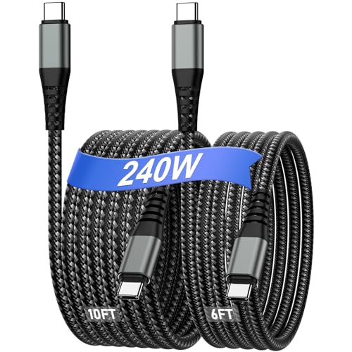 240W USB C to USB C Cable Nylon Braided, Fast Charging - 2 Pack 6/10FT | USB C to C Fast Charging Cord, Type C to Type C Cable for iPhone 17/16/15/Samsung S26/S25/MacBook/iPad/Switch/Laptops - Black - color: Black, size: 2Pack-6FT+10FT