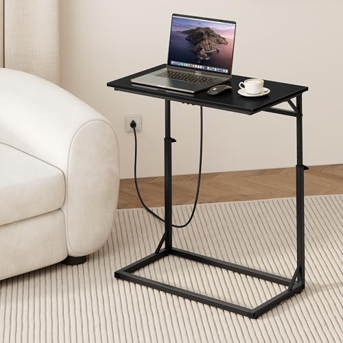 C Shaped End Table with Charging Station, C-Table End Table Adjustable Height Side Table for Couch, Large Couch Tables,Slide Under Sofa Tables TV Tray Arm Tables for Living Room,Bedroom,Black - color: Black, style: With Plug