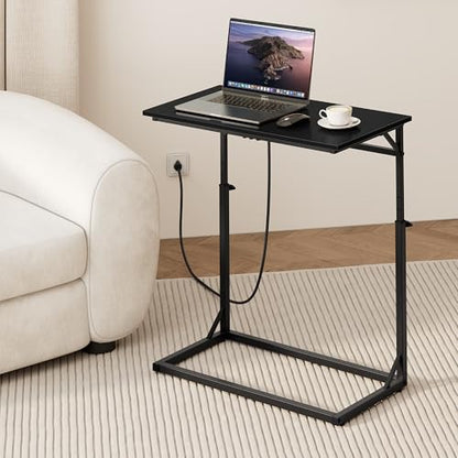 C Shaped End Table with Charging Station, C-Table End Table Adjustable Height Side Table for Couch, Large Couch Tables,Slide Under Sofa Tables TV Tray Arm Tables for Living Room,Bedroom,Black - color: Black, style: With Plug