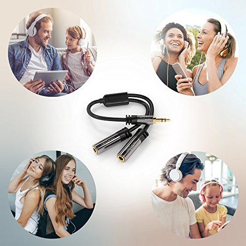 KabelDirekt – Y Adapter & Jack & AUX Splitter – 3.5mm | 1×3.5mm male to 2× female, connect two sets of headphones to a smartphone/tablet/notebook, stereo, 4in, black