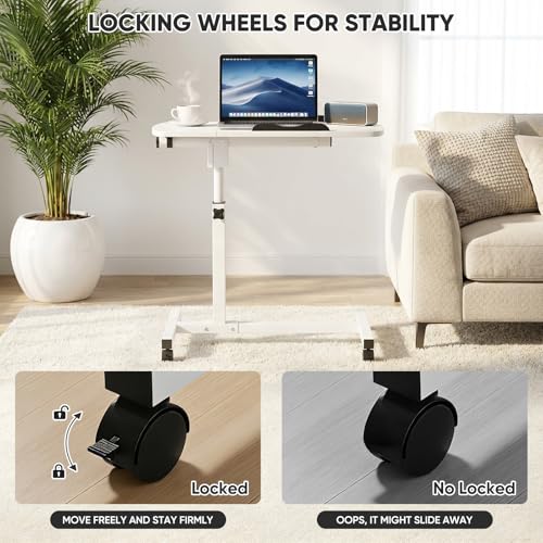 Magshion Tilt Overbed Bedside Table with Wheels, Rolling Laptop Desk with Mouse Table & Height Adjustment from 24" to 36", Sit to Stand Up, Mobile Standing Desk for Hospital Home Office, White Frame - color: White Fram, size: Split Desktop