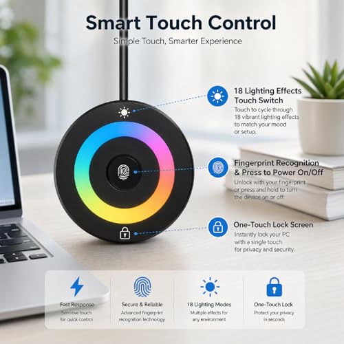 USB Fingerprint Reader for Windows Hello | PC Power Button, RGB Lighting, One-Click Lock, Auto Driver Install, 5ft Extension Cable