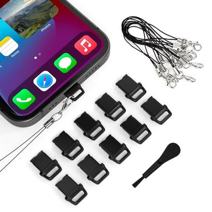 10PCS iPhone Lightning Anti Dust Plug Charging Port Dust Cover for iPhone 14/14 Pro Max, 13/13 Pro Max, 12 Pro Max, 11 Pro, X, XS, XR, 8, 7 iPad AirPods with Easy Grip Tab, Lanyard & Cleaning Brush - size: For iPhone(3 in 1)