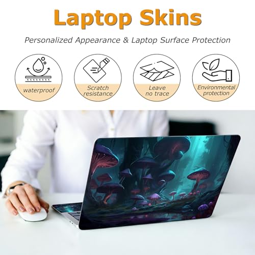 Universal Laptop Skin Sticker with 2 Wrist Pad Decals, 3-Piece Removable Vinyl Laptop Cover, Dreamy Purple and Blue Mushroom Waterproof Anti-Scratch, Easy-Trim Fit for 13.3" 14" 15.6" Laptops - color: Dreamy Purple and Blue Mushroom