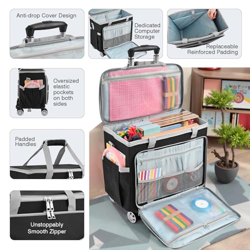 Rolling Craft Bag With Wheels, Teacher Tote Organizer With Detachable Cart - color: Black