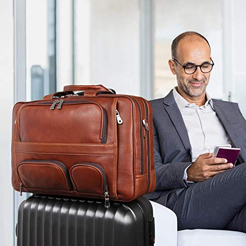 Augus Business Travel Briefcase Genuine Leather Duffel Bags for Men Laptop Bag fits 15.6 inches Laptop - color: Light Brown