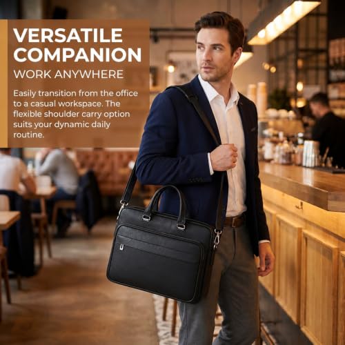 Men's Leather Laptop Bag 15 IN, Water-Resistant Briefcase Messenger Bag for Work, Business, Shoulder Crossbody Office Satchel - color: Black