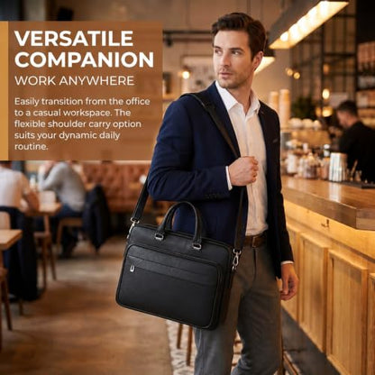 Men's Leather Laptop Bag 15 IN, Water-Resistant Briefcase Messenger Bag for Work, Business, Shoulder Crossbody Office Satchel - color: Black