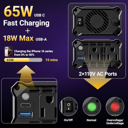 【2026 Upgraded】 300W Car Power Inverter - vansoet DC 12V to 110V AC(2 Outlets) Power Inverters with PD65W & QC18W Fast Charging Port - Car Charger Cigarette Lighter Adapter for Laptop/Phone/Road Trip - color: Red-65