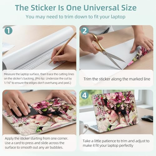 Universal Laptop Skin Decal, 3-Piece Vinyl Protector for 12 13 14 15.6" Notebook, Waterproof Anti-Scratch, Easy Trim & Bubble-Free Finish, Geisha with Flowers in Hair - color: Geisha with Flowers in Hair