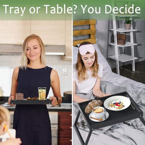 Bamboo Bed Tray Tables with Folding Legs, Medium, 2-Pack, Black | Two FSC-certified bamboo bed trays with folding legs, handles and raised edges for meals, laptops, reading and serving. - color: Black, size: Medium - 2pc