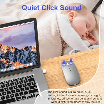 Bluetooth Wireless Mouse for MacBook Air Mac Pro iPad Laptop Computer Pad Optical Rechargeable Slim Silent Dual Mode (2.4G USB-C/USB-A&Bluetooth 5.2/3.0) Mouse Jiggler for Computer Awakening(Grey) - color: Grey