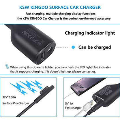 Surface Pro Car Charger Surface Laptop Car Charger,36W 12V 2.58A Power Supply for Microsoft Surface Pro 3/4/5/6/Book/Go,Surface Pro 9,Surface Laptop car charger with USB 2.0 Port(5Ft Cord)&Travel Case