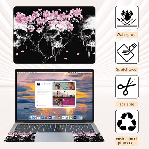 15.6 Inch Laptop Skin Sticker, Reusable Vinyl Cover Protector with 2 Wrist Pad Skins, Removable Waterproof Scratch-Resistant for 12-15.6 Inch Laptop Notebook,Cherry Blossom Flowers Skulls - color: Cherry Blossom Flowers Skulls