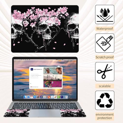 15.6 Inch Laptop Skin Sticker, Reusable Vinyl Cover Protector with 2 Wrist Pad Skins, Removable Waterproof Scratch-Resistant for 12-15.6 Inch Laptop Notebook,Cherry Blossom Flowers Skulls - color: Cherry Blossom Flowers Skulls