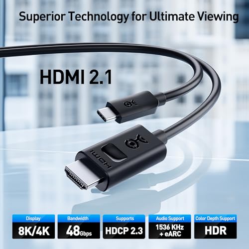 Cable Matters Unidirectional USB C to HDMI 2.1 Cable, 6ft, Black | 4K@240Hz / 8K@60Hz HDR, Max 4K@60Hz on macOS, Thunderbolt 5/4 and USB4 Compatible, for MacBook Pro/XPS/ThinkPad - size: 6 Feet