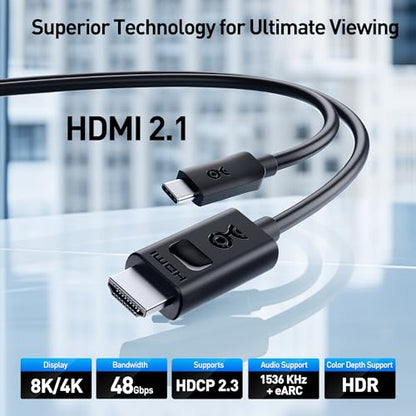 Cable Matters Unidirectional USB C to HDMI 2.1 Cable, 6ft, Black | 4K@240Hz / 8K@60Hz HDR, Max 4K@60Hz on macOS, Thunderbolt 5/4 and USB4 Compatible, for MacBook Pro/XPS/ThinkPad - size: 6 Feet