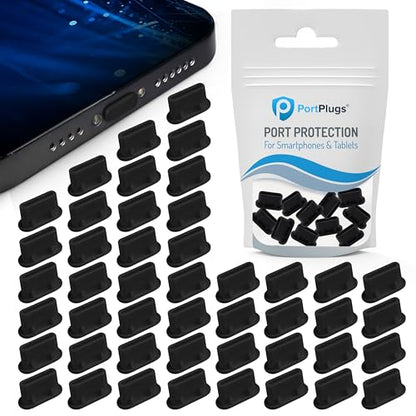 USB C Dust Plugs 50 Pack with Cleaning Brush, Charging Port Covers, Black | Helps block dust, lint and debris, helps support reliable charging, snug low profile fit, durable flexible construction - color: Black, 50 Pack
