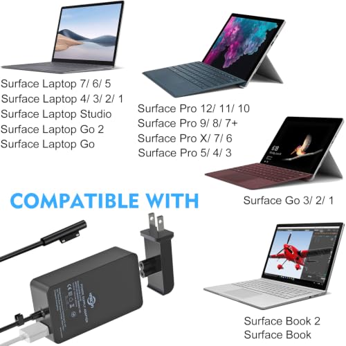 65W Surface Pro Laptop Charger for Microsoft Surface Pro 12 11 10 9 8 7+ X | 7 6 5 4 3, Windows Surface Laptop 7 6 5 Studio 4 Go 3 2, Surface Go Tablet, Surface Book 2 1, Support 44W, 10FT, Travel Case