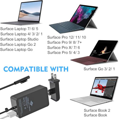 65W Surface Pro Laptop Charger for Microsoft Surface Pro 12 11 10 9 8 7+ X | 7 6 5 4 3, Windows Surface Laptop 7 6 5 Studio 4 Go 3 2, Surface Go Tablet, Surface Book 2 1, Support 44W, 10FT, Travel Case