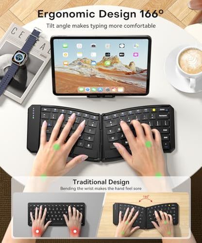 Omikamo Ergonomic Foldable Bluetooth Keyboard, 3-Device Dual-Mode | 2.4G+BTx2 Ultra Slim Portable Wireless Folding Travel Keyboard for Windows, iOS, Android, Mac, Leg Use