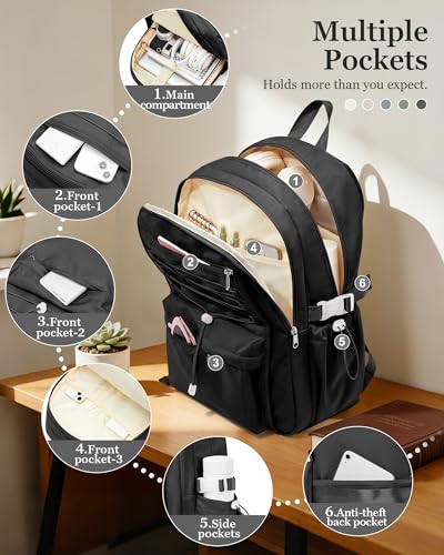 suwasp College Backpack for Women, Waterproof Laptop Backpack Fits 15.6 Inch Laptop, School Bookbag with Water Bottle Pocket, Anti Theft Work Backpack for College, Travel, Commuter, Black - color: Black