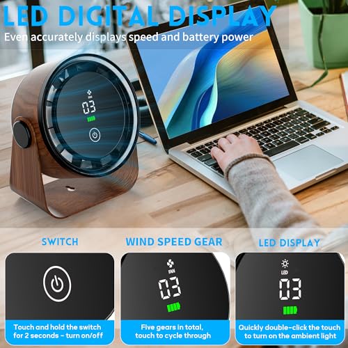 Small Desk Fan 5000mAh Rechargeable Battery – Retro Low Noise Portable Table Fan with 5 Speeds, 360° Rotation, LED Night Light – Perfect for Office Bedroom Kitchen Dorm Camping Wall Mountable-Walnut - color: Walnut