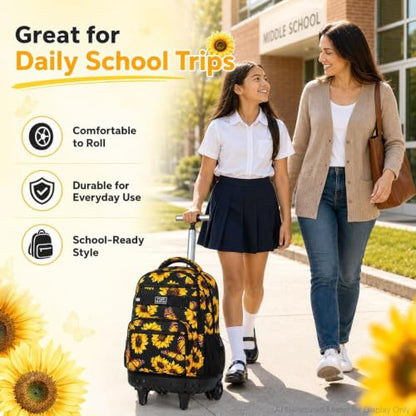 3Pcs Rolling Backpack for Girls, 19 Women Inche Roller Bag with Wheels, Sunflower Wheeled Bookbag Set for Adults(Yellow) - color: Sunflower
