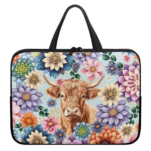 Bohemian Floral Highland Cow Print Laptop Sleeve Case Briefcase Lightweight Travel Laptop Bag with Handle Waterproof Carrying Bag for Student Work Study, 13inch - color: Bohemian Floral Highland Cow, size: 13inch