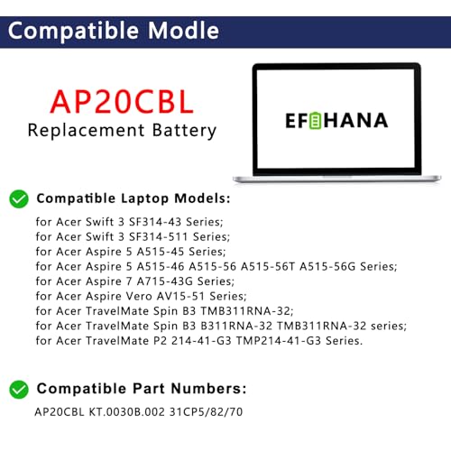 AP20CBL Laptop Battery Replacement for Acer Aspire 5 A515-46 A515-45 A515-45G Aspire 7 A715-43G Swift 3 SF314-43 SF314-511 Vero AV15-51 TravelMate Spin B3 B311RNA-32 TMB311RNA-32 11.55V 53Wh