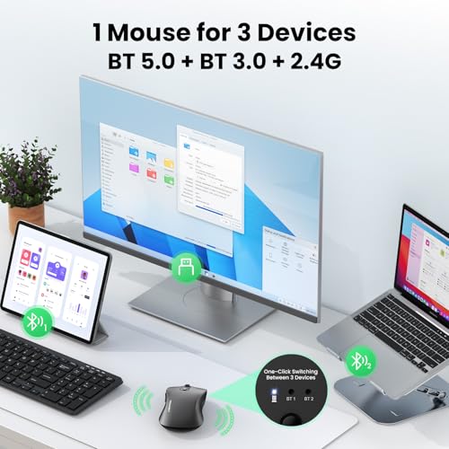 TECKNET Rechargeable Bluetooth Mouse, [ USB + BT5.0 + BT3.0 ] Wireless Mouse, Full-Size, Silent Click, 6-Level 4800 DPI Wireless Mice, 3-Device Switching for Laptop, Computer, iPad, MacBook