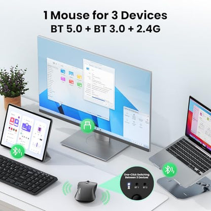 TECKNET Rechargeable Bluetooth Mouse, [ USB + BT5.0 + BT3.0 ] Wireless Mouse, Full-Size, Silent Click, 6-Level 4800 DPI Wireless Mice, 3-Device Switching for Laptop, Computer, iPad, MacBook