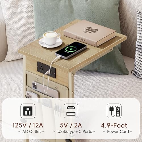 Vagusicc C Shaped End Table with Charging Station, Adjustable Height C Table End Table, Small Side Table for Couch, Couch Table Slide Under Sofa Table TV Tray Arm Table for Living Room,Bedroom,Natural - color: Natural Walnut, style: With Plug