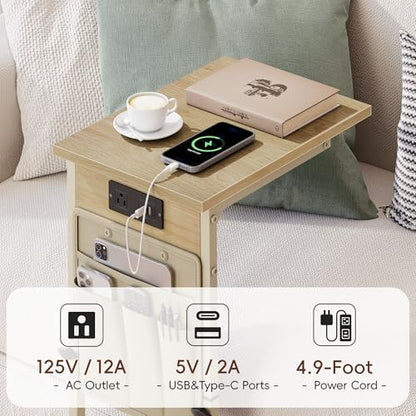 Vagusicc C Shaped End Table with Charging Station, Adjustable Height C Table End Table, Small Side Table for Couch, Couch Table Slide Under Sofa Table TV Tray Arm Table for Living Room,Bedroom,Natural - color: Natural Walnut, style: With Plug