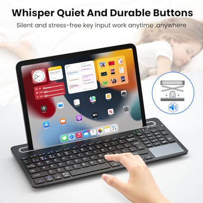 Silent Keyboard with Touchpad, Wireless Bluetooth Multi-Device | 3-in-1 Bluetooth 2.4G USB Wired, Rechargeable with Silicone Stand for PC Mac iPad Phone, Black