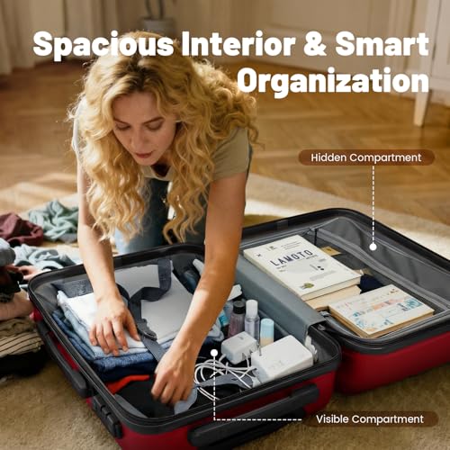 3-Piece Luggage Set, 20" ABS Hardshell Lightweight Suitcase with Smooth Spinner Wheels for Business and Family Travel (Vibrant Red) - color: Burgundy Red, size: 3 Piece Set (20/DB/TB)