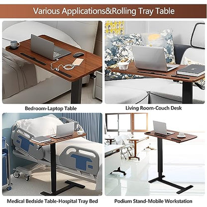 BeGyoku Overbed Table,Hospital Bed Table,Pneumatic Bedside Table Adjustable Over the Bed with Hidden Wheels&USB,Mobile Laptop Cart&Rolling Tray Table Hospital Home Use-Walnut - color: Walnut-32" L X 16" W