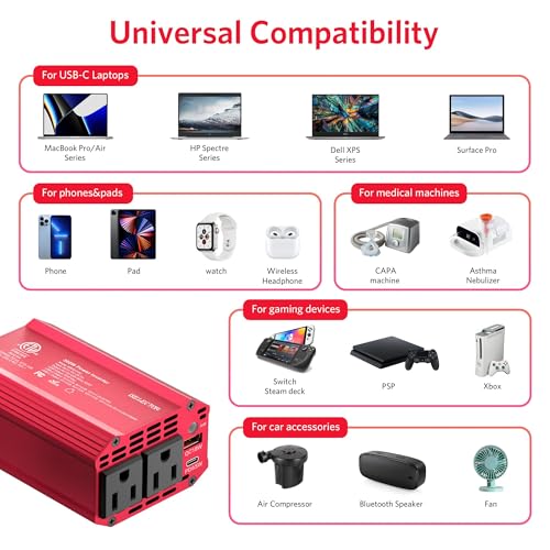 300W Power Inverter DC 12V to 110V AC Car Outlet Adapter with USB-C[PD65W] & USB-A[QC18W] Fast Charging Ports and Dual AC Outlets Car Power Inverter for Phone, Laptop on Road Trip (Red) (Red)