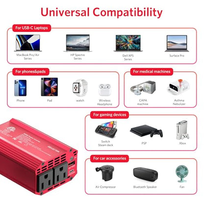 300W Power Inverter DC 12V to 110V AC Car Outlet Adapter with USB-C[PD65W] & USB-A[QC18W] Fast Charging Ports and Dual AC Outlets Car Power Inverter for Phone, Laptop on Road Trip (Red) (Red)