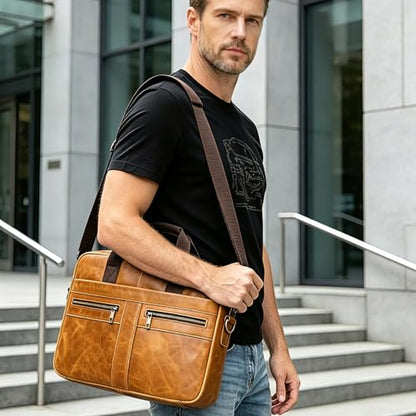 Leather Laptop Bag for Men Briefcase Fits 15.6 Inch Notebook Portable Shoulder Messenger Crossbody Bag for Travel Office - color: 16yellow Brown