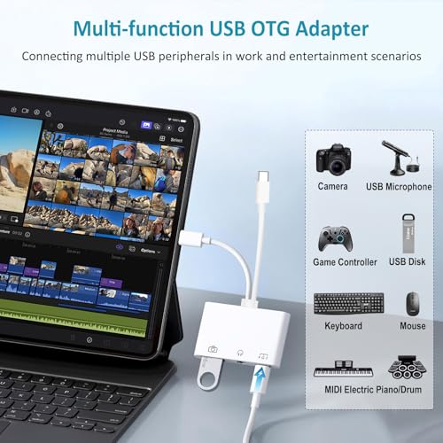 USB-C & Lightning to 3.5mm Headphone Adapter USB OTG Camera Adapter | USB-C/Lightning to USB Adapter with 3.5mm Audio Jack, OTG Data Transfer & PD 60W Fast Charging Port for iPhone/iPad/Android