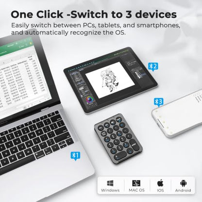 iClever Bluetooth Number Pad, 22 Keys Wireless Numeric Keypad, Rechargeable Mini Portable Numpad with Custom Stickers, Financial Accounting, Data Entry, Compatible with Laptop, Mac, Surface Pro, PC - color: Grey / Black