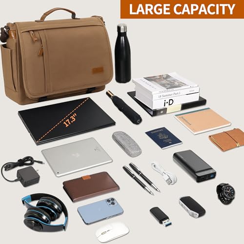 ESTARER Messenger Bag 17-17.3 Inch, Men's Computer Bag Water-resistant Canvas, Laptop Shoulder Bag for Travel Work College, Brown - color: 17-17.3" Buckle-brown