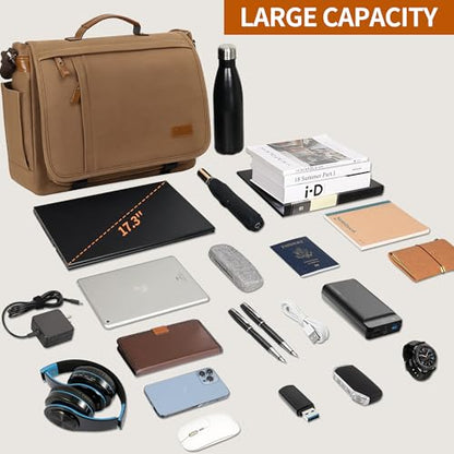 ESTARER Messenger Bag 17-17.3 Inch, Men's Computer Bag Water-resistant Canvas, Laptop Shoulder Bag for Travel Work College, Brown - color: 17-17.3" Buckle-brown