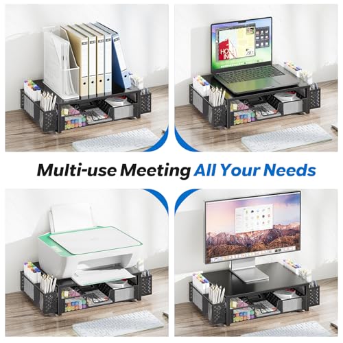 Simple Trending 2-Tier Desk Organizer, Computer Monitor Stand Riser, Black | Metal Laptop & Printer Stand, Desktop Organizer with Drawer & 2 Pen Holders, Anti Slip Pads, 18.5"W x 9.5"D x 4.75"H - size: 18.5"W x 9.5"D x 4.75"H