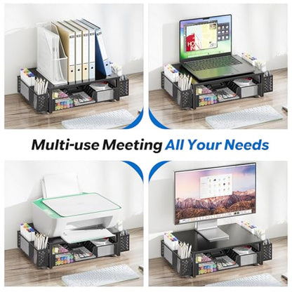 Simple Trending 2-Tier Desk Organizer, Computer Monitor Stand Riser, Black | Metal Laptop & Printer Stand, Desktop Organizer with Drawer & 2 Pen Holders, Anti Slip Pads, 18.5"W x 9.5"D x 4.75"H - size: 18.5"W x 9.5"D x 4.75"H