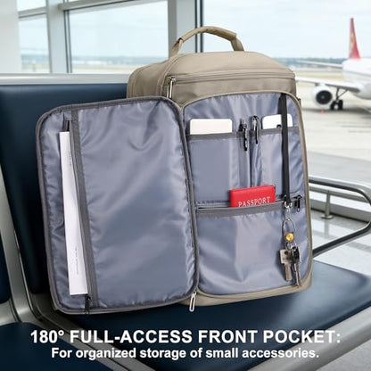 Travel Backpack Carry On Everyday Laptop Backpack Fits 16" Laptop | Flight Approved Luggage Backpack for Men Women, Suitcase-Style Main Pocket, Laptop Compartment, USB Port, for Travel, Daily - color: Khaki