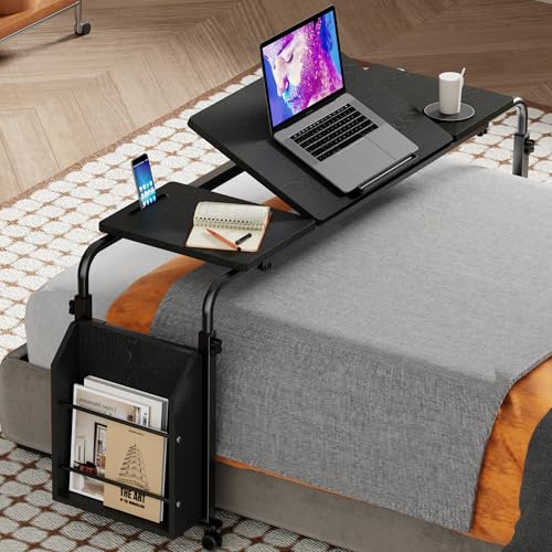 Overbed Table with Wheels, Tilting Overbed Desk Adjustable Height & Length, Queen Over Bed Table with Storage Cabinet, Rolling Laptop Desk for Bedroom, Living Room, Hospital (Black, 47.24in) - color: Black, size: 47.24in